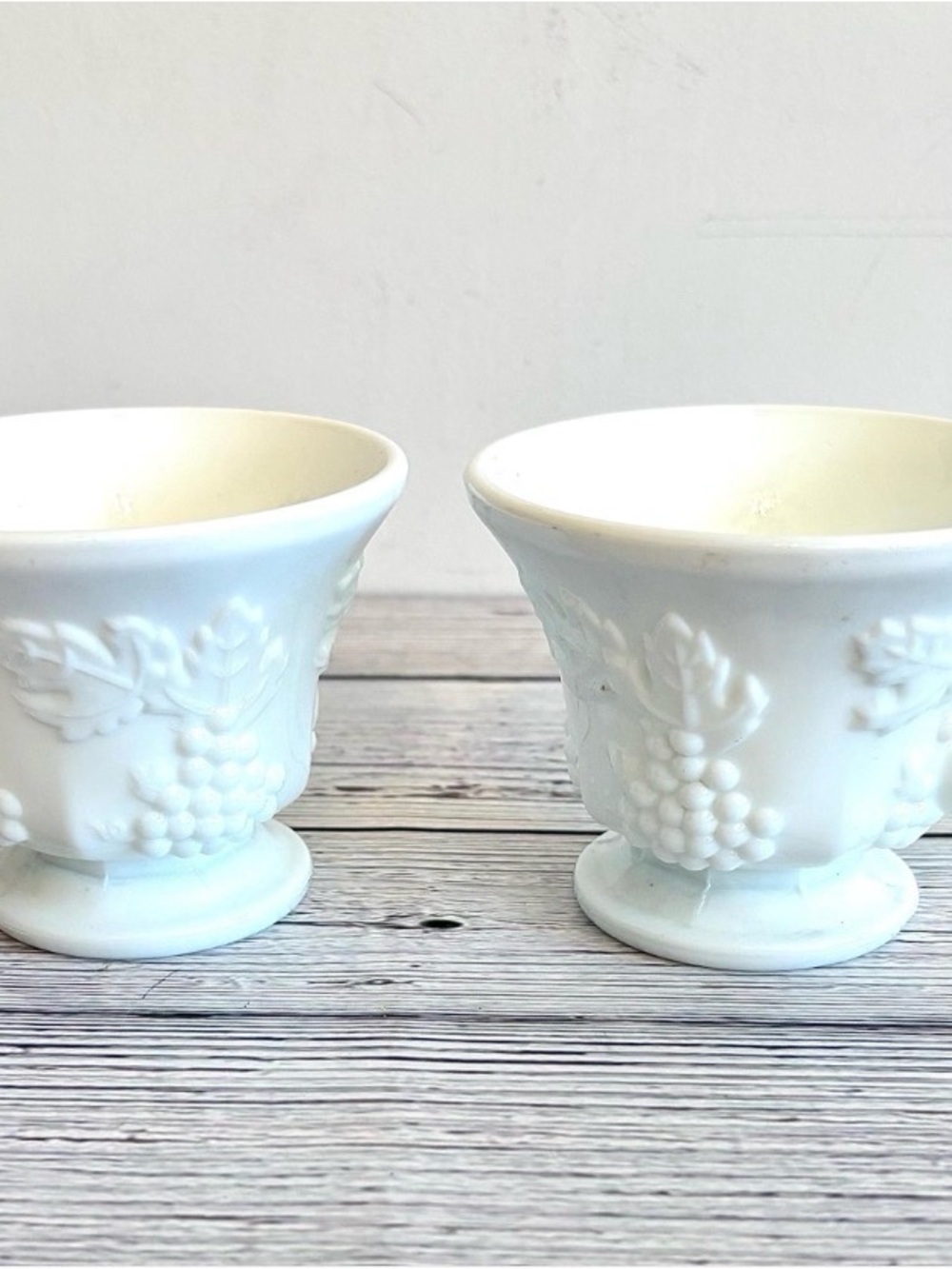 Vintage Milk Glass Grape Footed Pedestal Coffee Mugs Set of 2